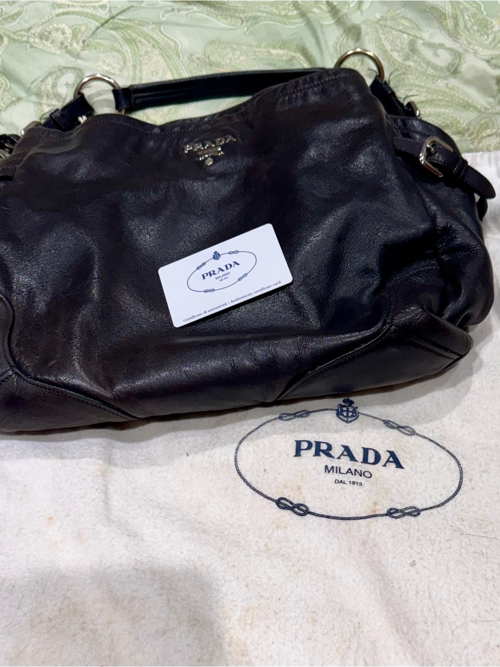Prada Black Leather Shoulder Bag Authenticity Card Dust Bag